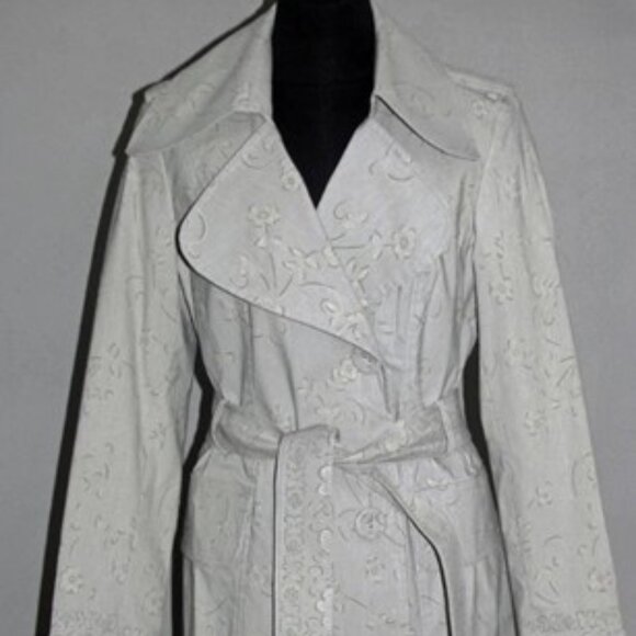 Alberto Makali Jackets & Blazers - Cach'e, Alberto Makali Designer Black Trench Coat Botanical Pattern Belted Sz 2